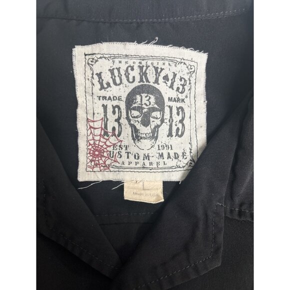 Lucky 13 Rockabilly Bowling Shirt Black White Pinstripe Devil Graphic USA Made L - Picture 3 of 7